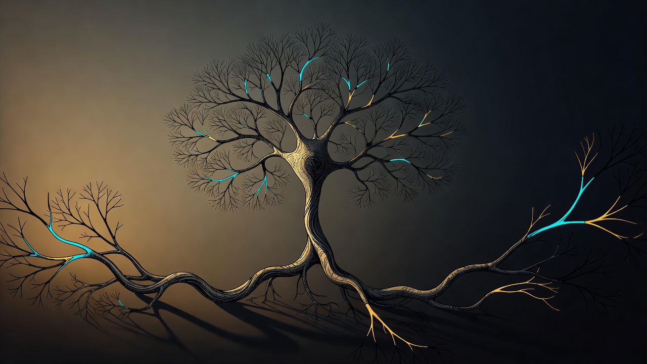 An elegant ink drawing of a branching neuron like a tree