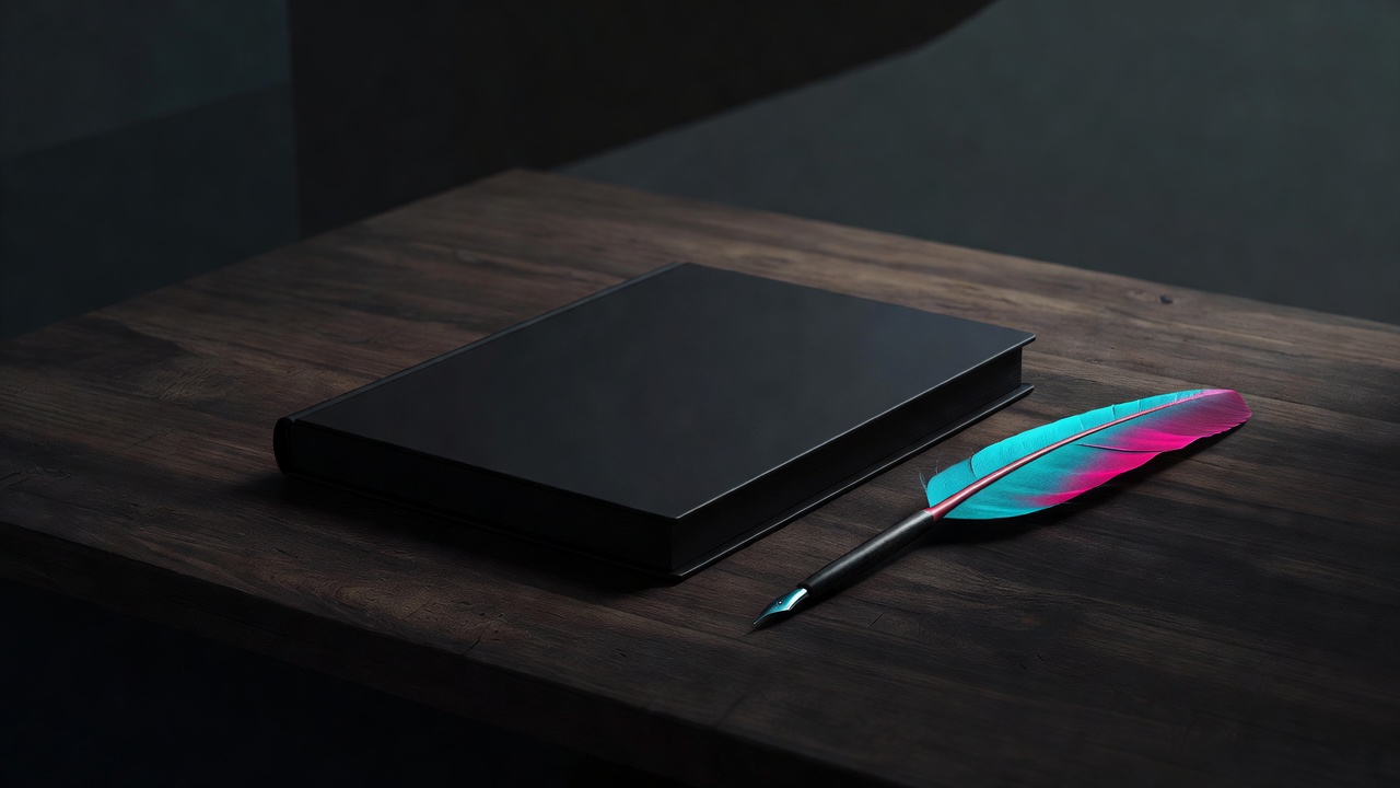 A neat ledger and quill arranged on a wooden desk