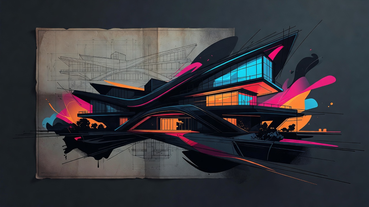 An architect's sketch of a whole new building drawn over a faded plan of the old one