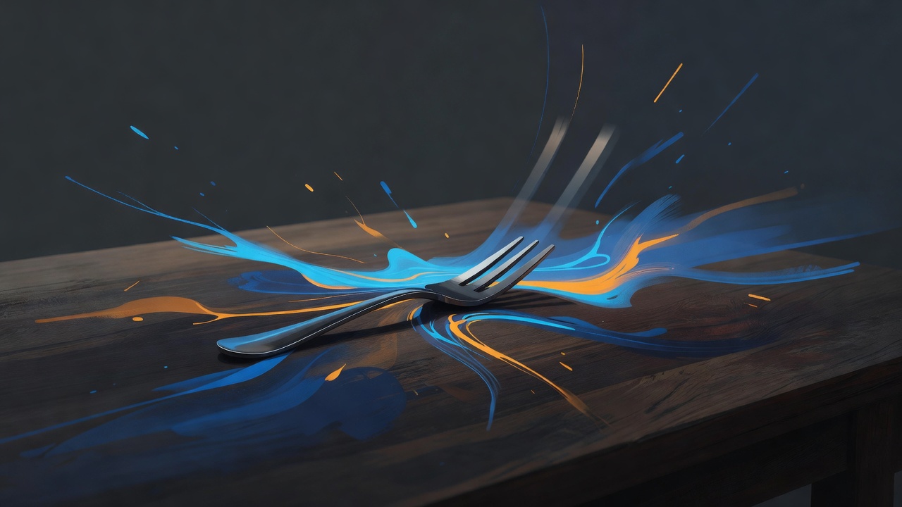 A single tuning fork still vibrating on a wooden table in quiet light