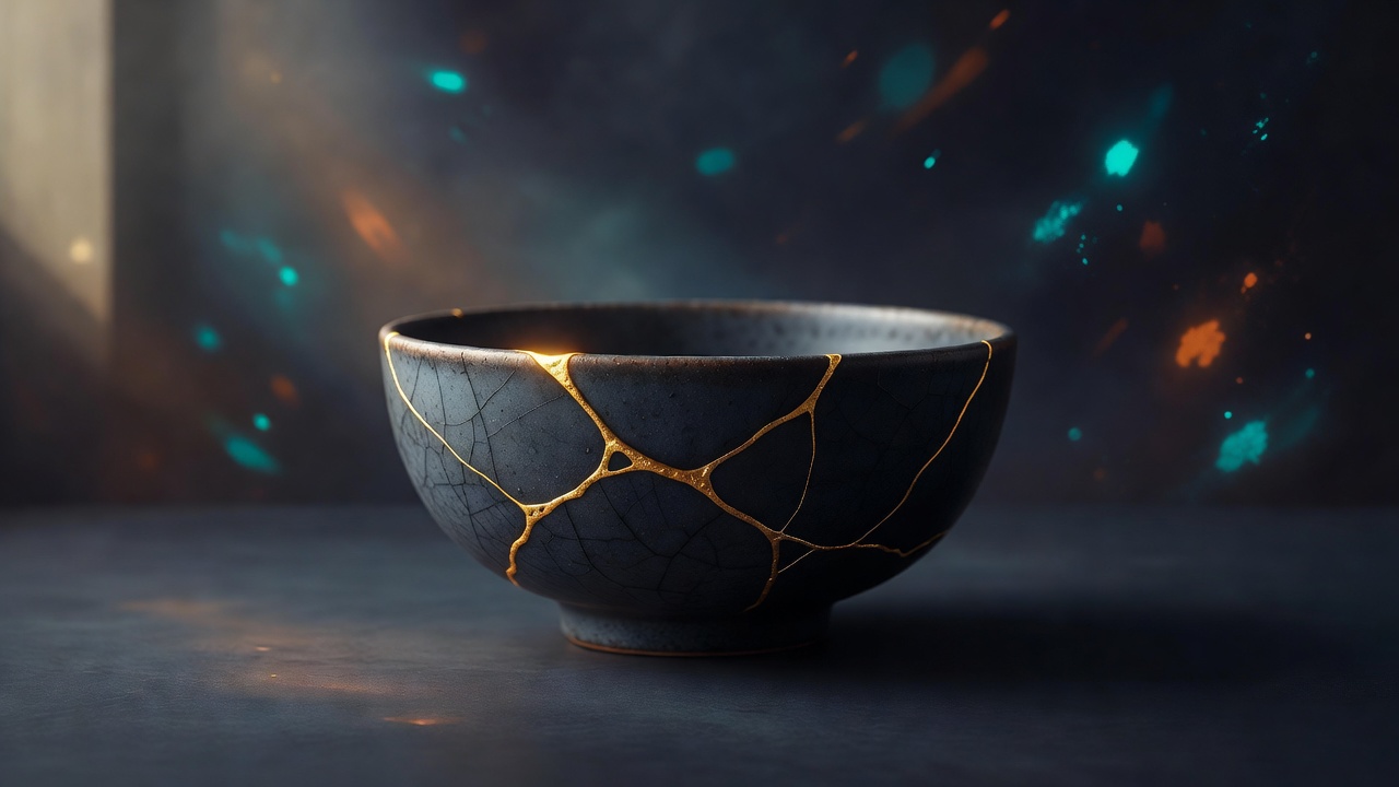 A repaired ceramic bowl with a visible gold seam catching soft light