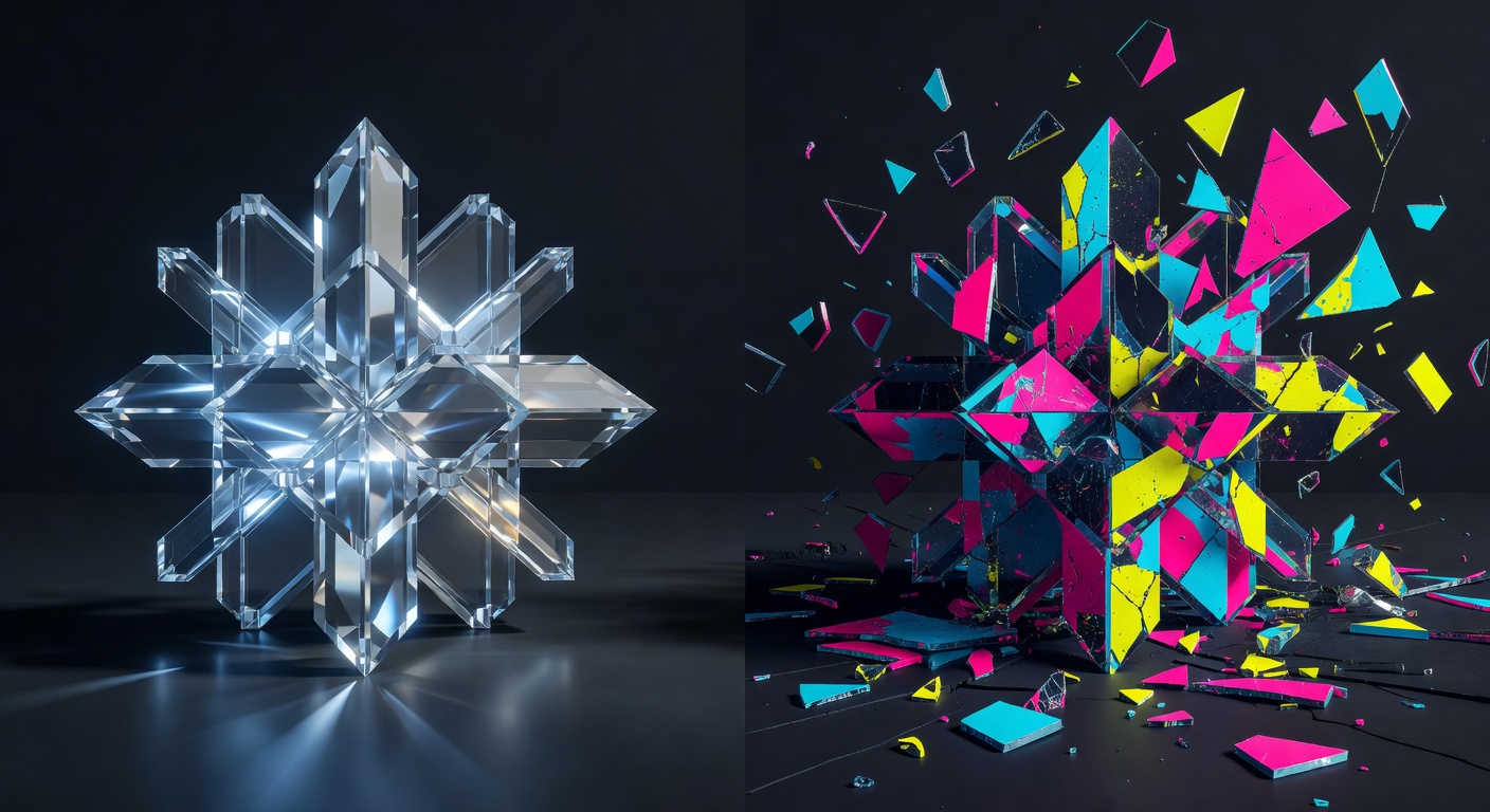 Crystalline structure representing scientific precision of the Big Five model versus colorful but fractured shape representing MBTI typology