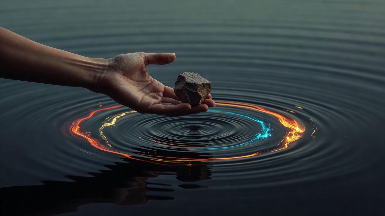 An open hand releasing a clenched stone into calm water, ripples spreading out