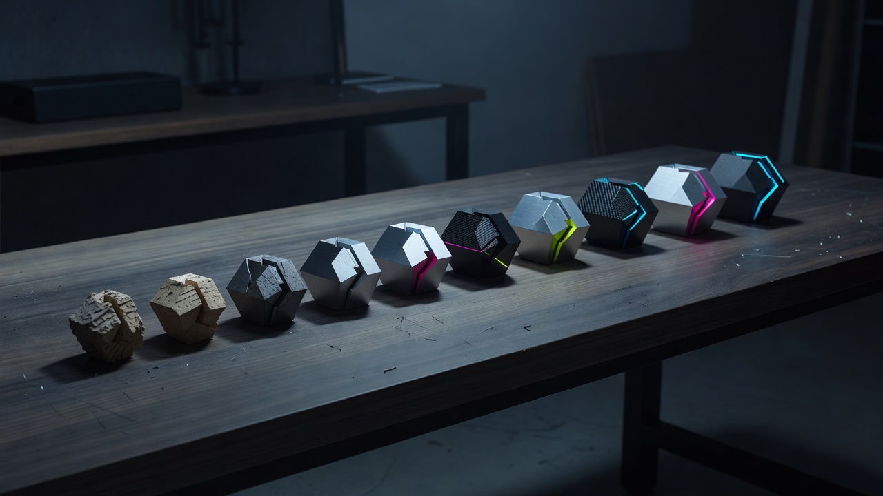 A workbench with several small rough prototypes of the same object lined up in progress