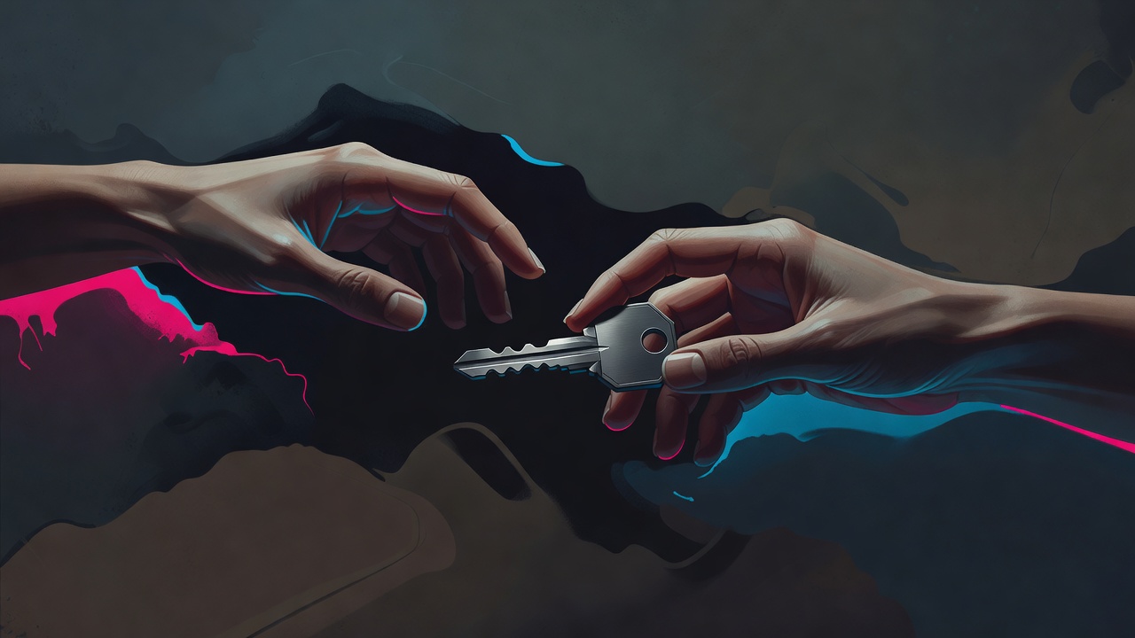 A single hand offering a key while another hand behind it is subtly reaching