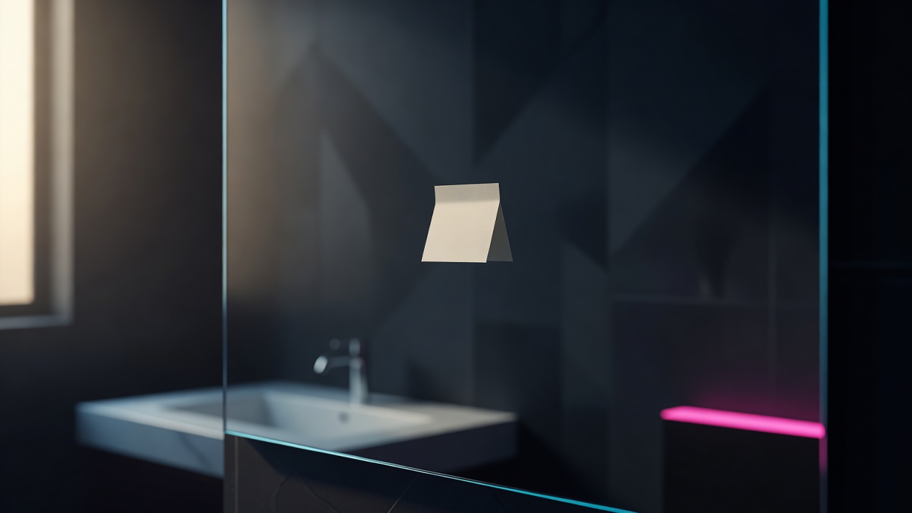 A single sticky note on a bathroom mirror catching morning light