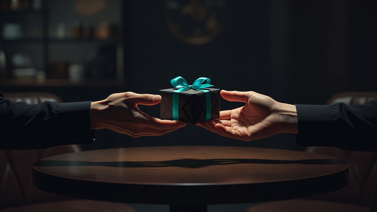 Two open hands passing a small wrapped gift across a cafe table