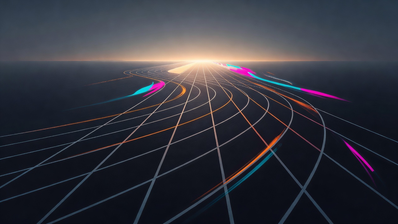 Six lanes of a running track curving toward a bright finish line at dawn