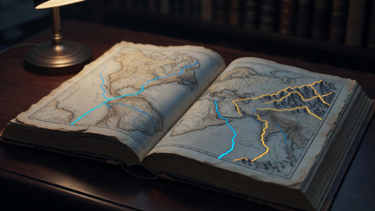 An open antique atlas book with delicate hand-drawn maps in warm library light