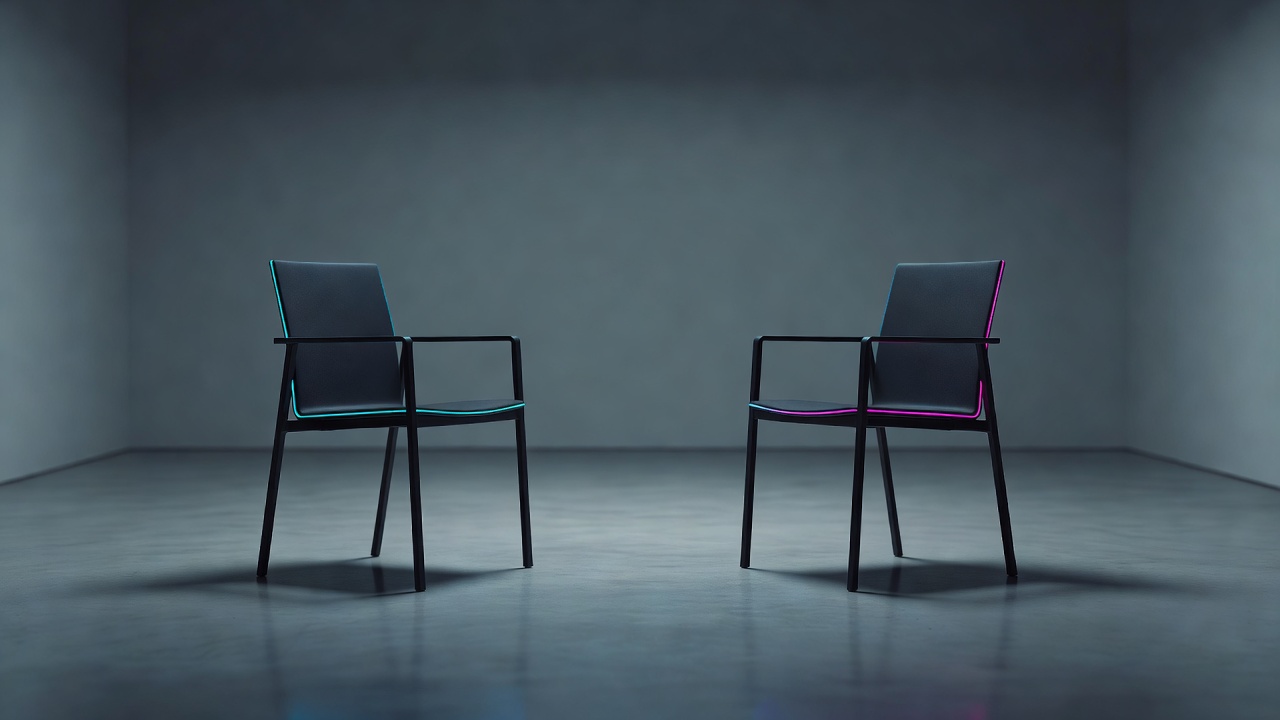 Two chairs facing each other in a plain room, set up for a direct conversation