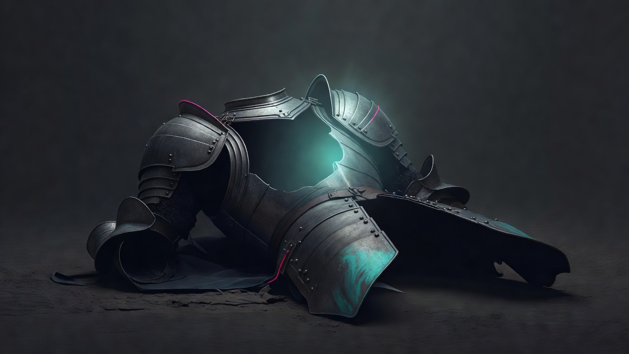A single suit of armor lying open and empty on the ground with a soft light where the chest was