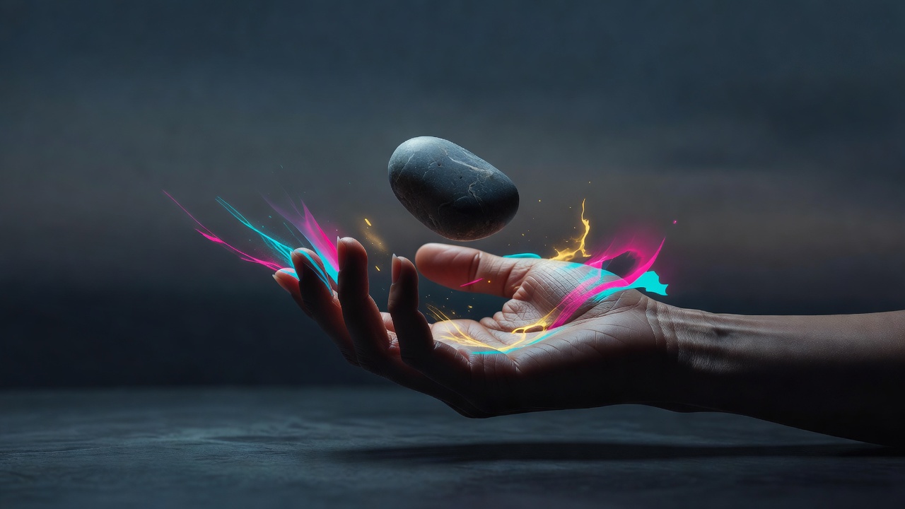 A hand loosening its grip on a smooth stone, letting it rest open on the palm