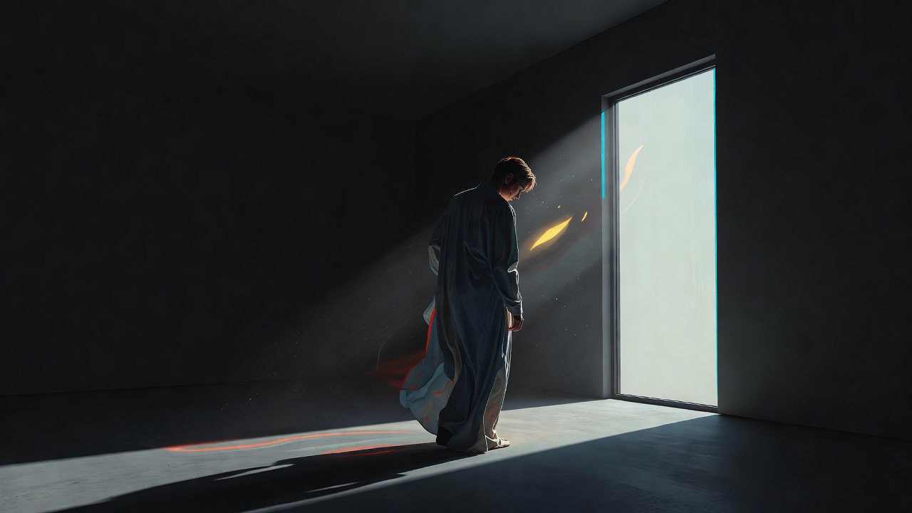 A figure half-turned away in soft shadow, beginning to face the light of an open window