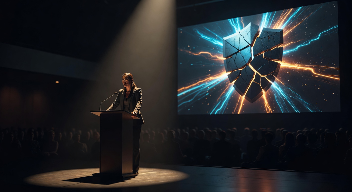 A lone figure standing at a podium under a single spotlight in a vast dark auditorium