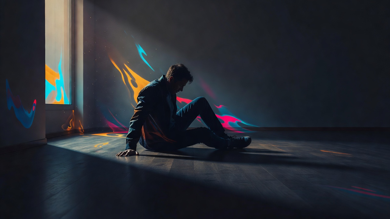 A person seated on the floor mid-rise, one hand pressing up, soft light from a window
