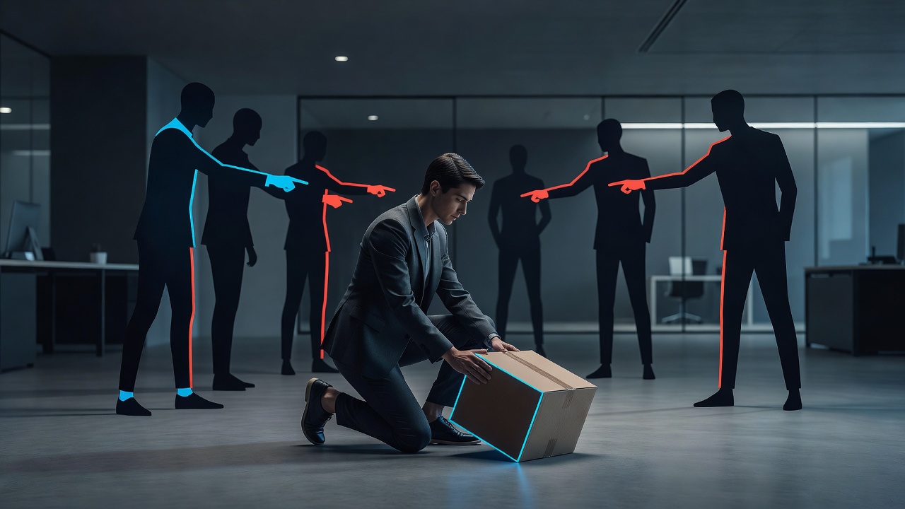 One person quietly picking up a dropped box while others point fingers past it