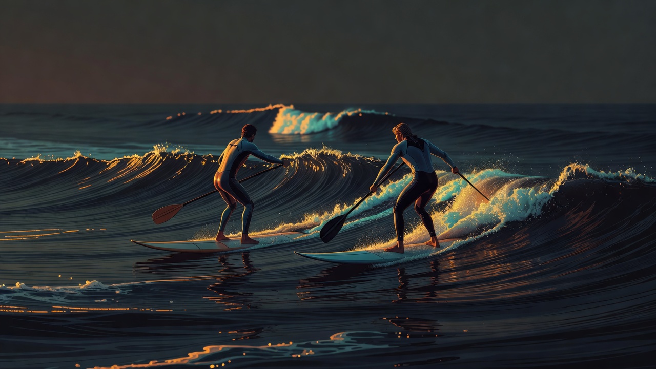 Two surfers paddling out side by side toward the same set of waves at dawn