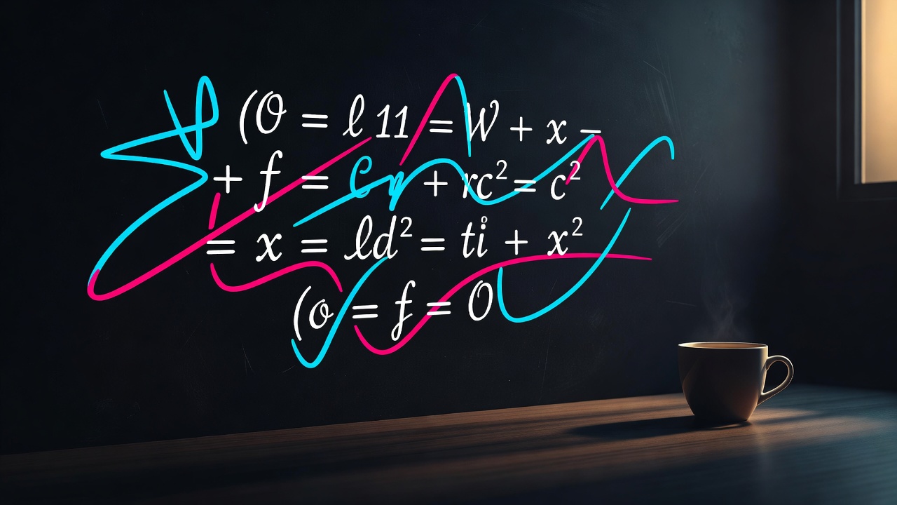 A chalkboard of tidy equations beside a coffee cup
