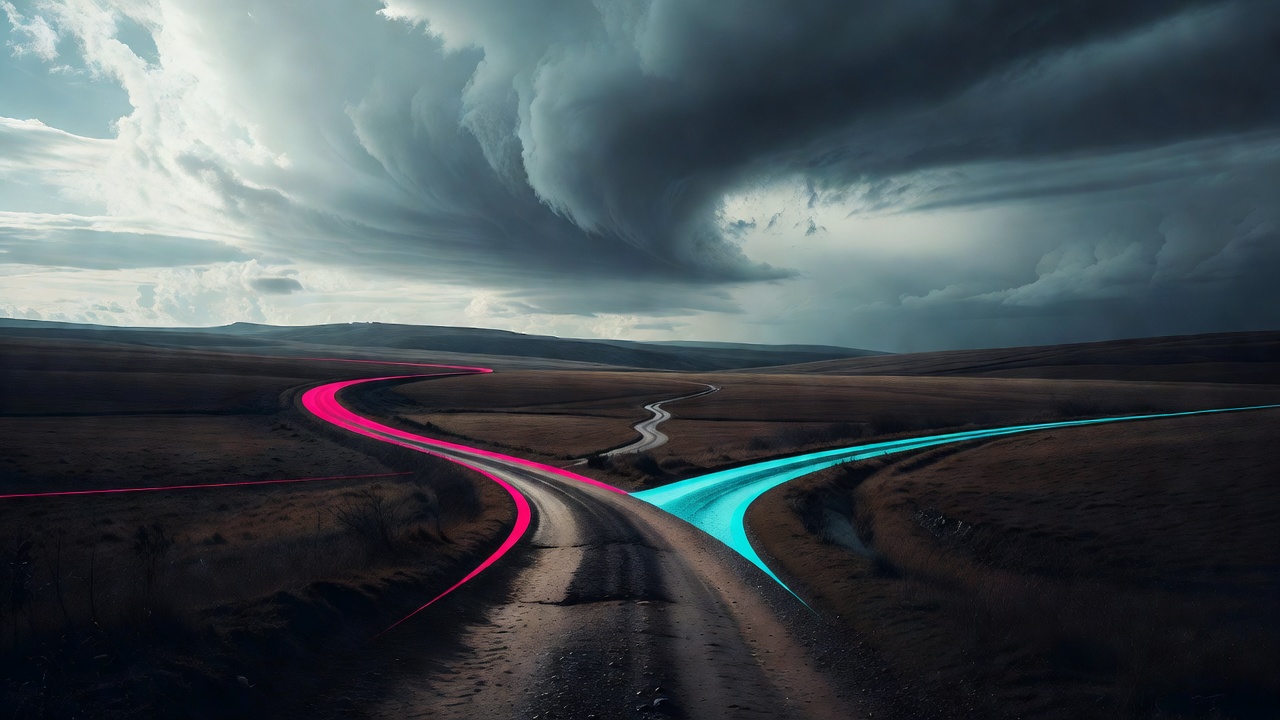 A winding dirt path forking through open countryside under a wide sky with shifting clouds