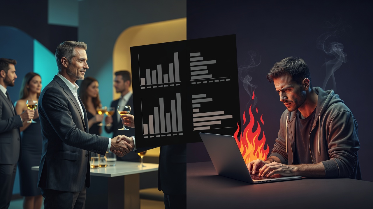 One founder shaking hands at an event, the other alone at a laptop fixing a fire, a lopsided scoreboard between