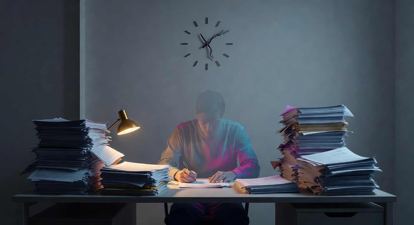 A figure at a desk with a burnt-out candle, still writing by the smoke