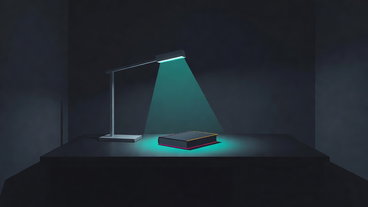 A single lamp lighting one book on an otherwise empty desk in a dark quiet room