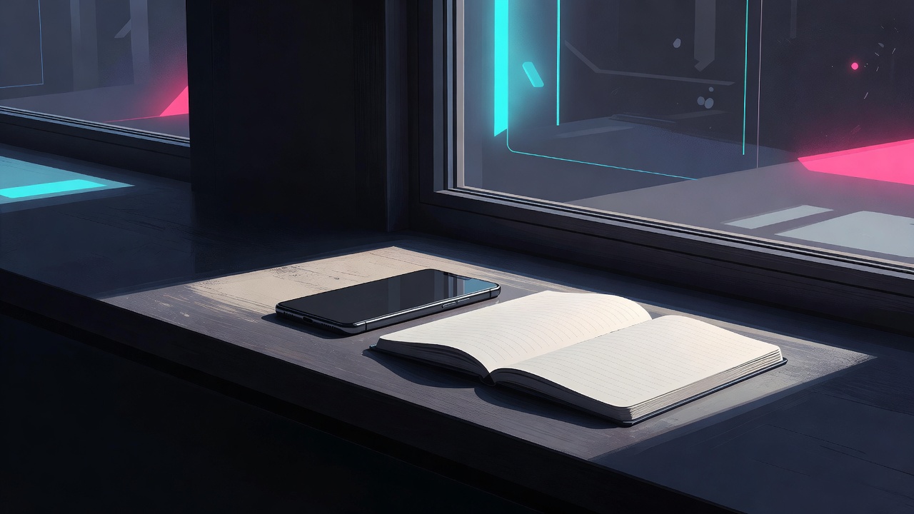 A phone lying face down on a sunlit windowsill beside an open paper notebook