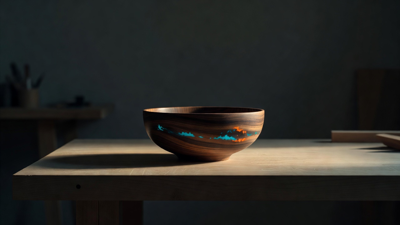 A single well-made wooden bowl on a clean workbench in warm light