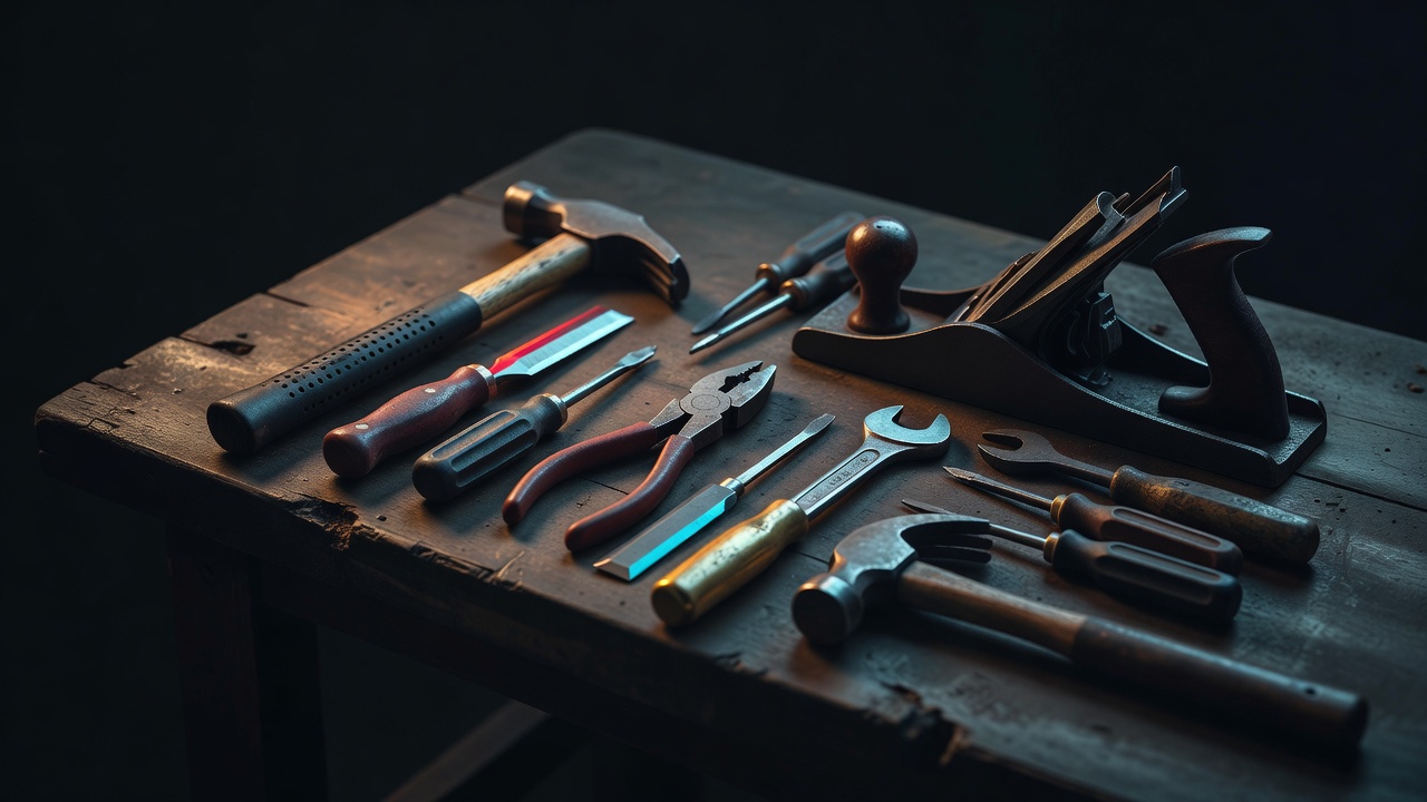 A craftsman's well-worn hand tools arranged neatly on a workbench in warm light