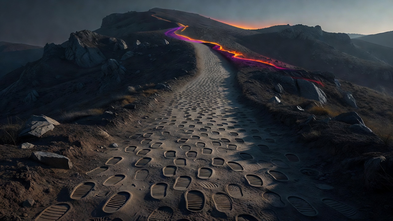 A worn trail up a steep hill, footprints showing it has been climbed many times