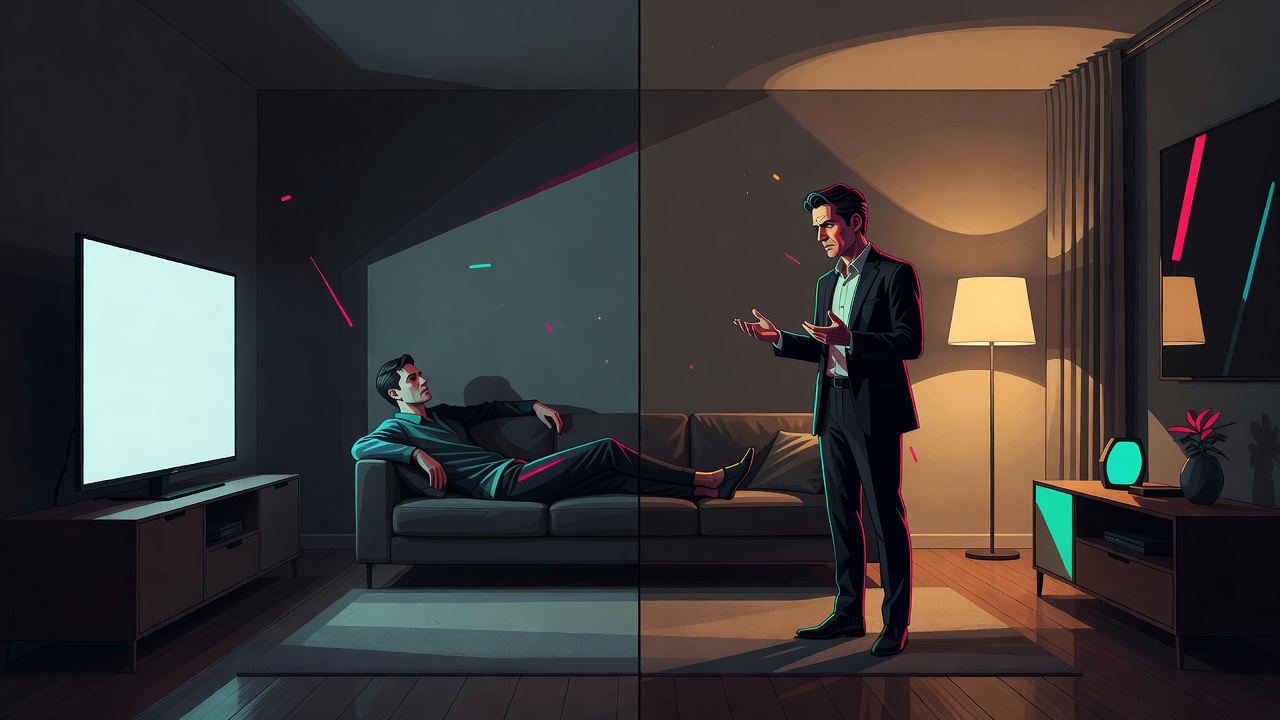 One partner relaxed on a couch having moved on while the other sits across the room still replaying the argument with a tense expression