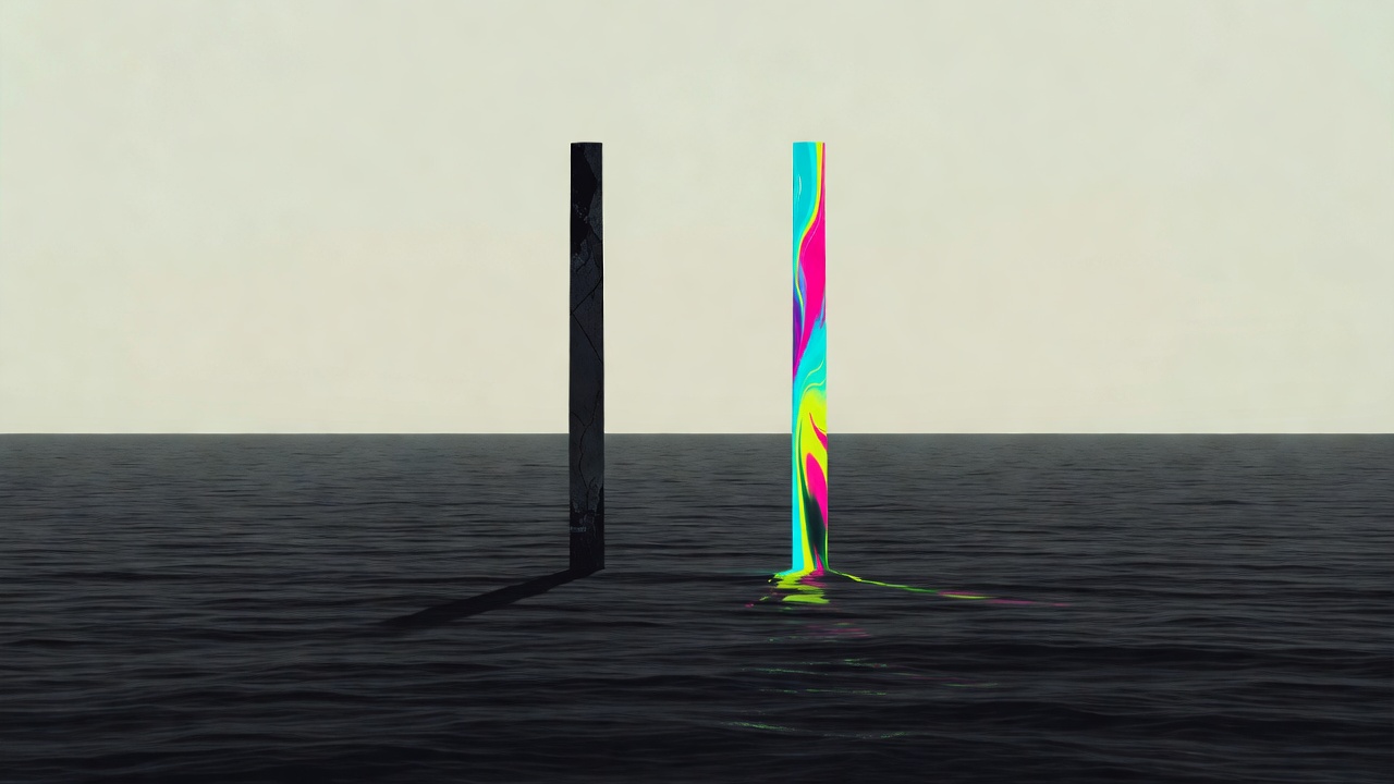 A horizon line between dark water and pale sky