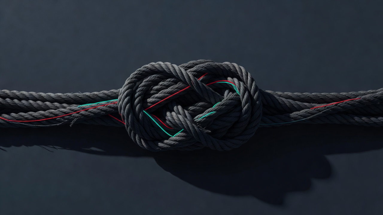 A single tangled knot of rope with one thread a different color running through it