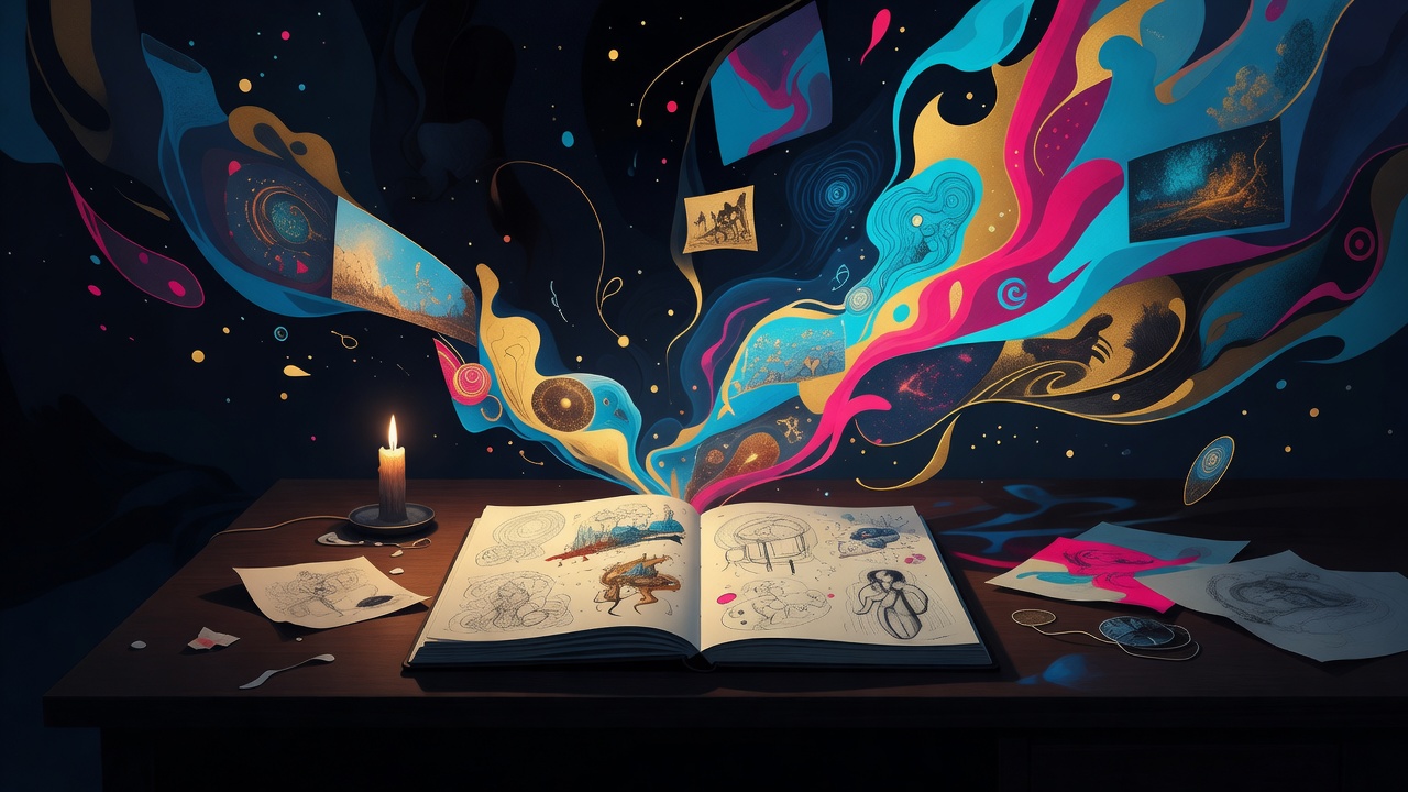 A candlelit desk with an open notebook of sketches at night