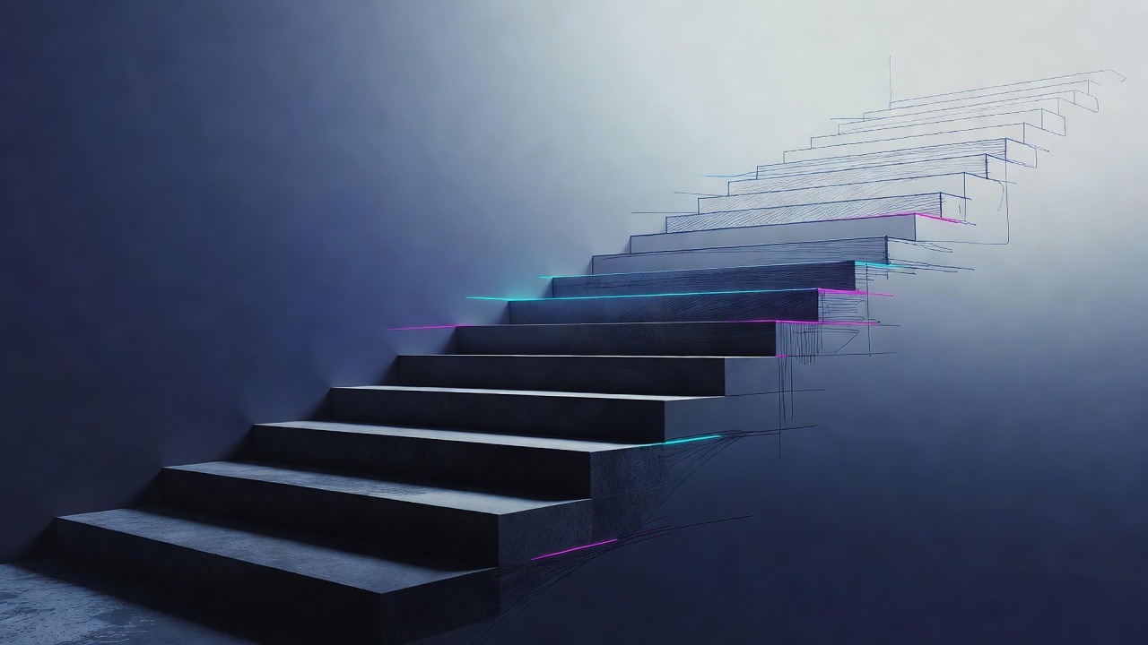 A staircase drawn mid-air where the top steps are still being sketched in, cool hopeful palette