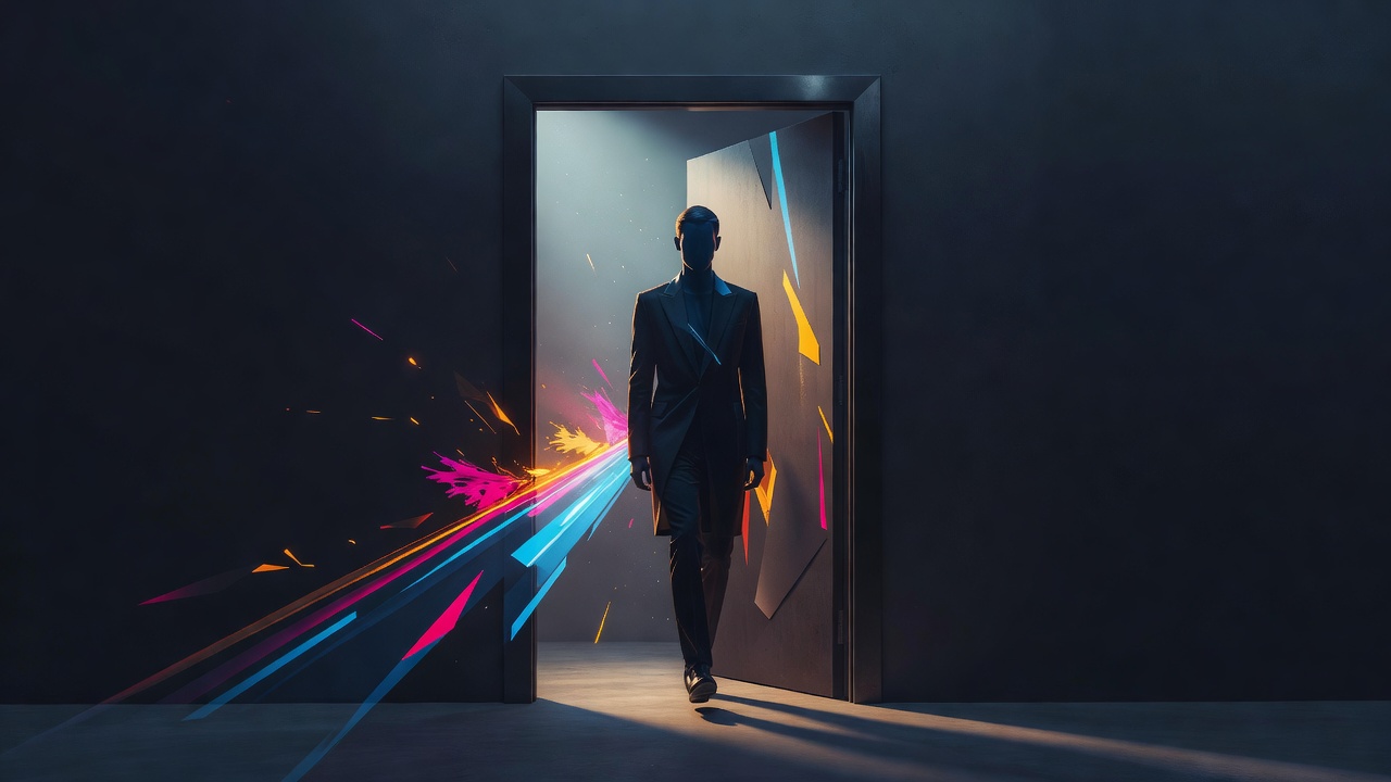 A person stepping into soft morning light from a doorway
