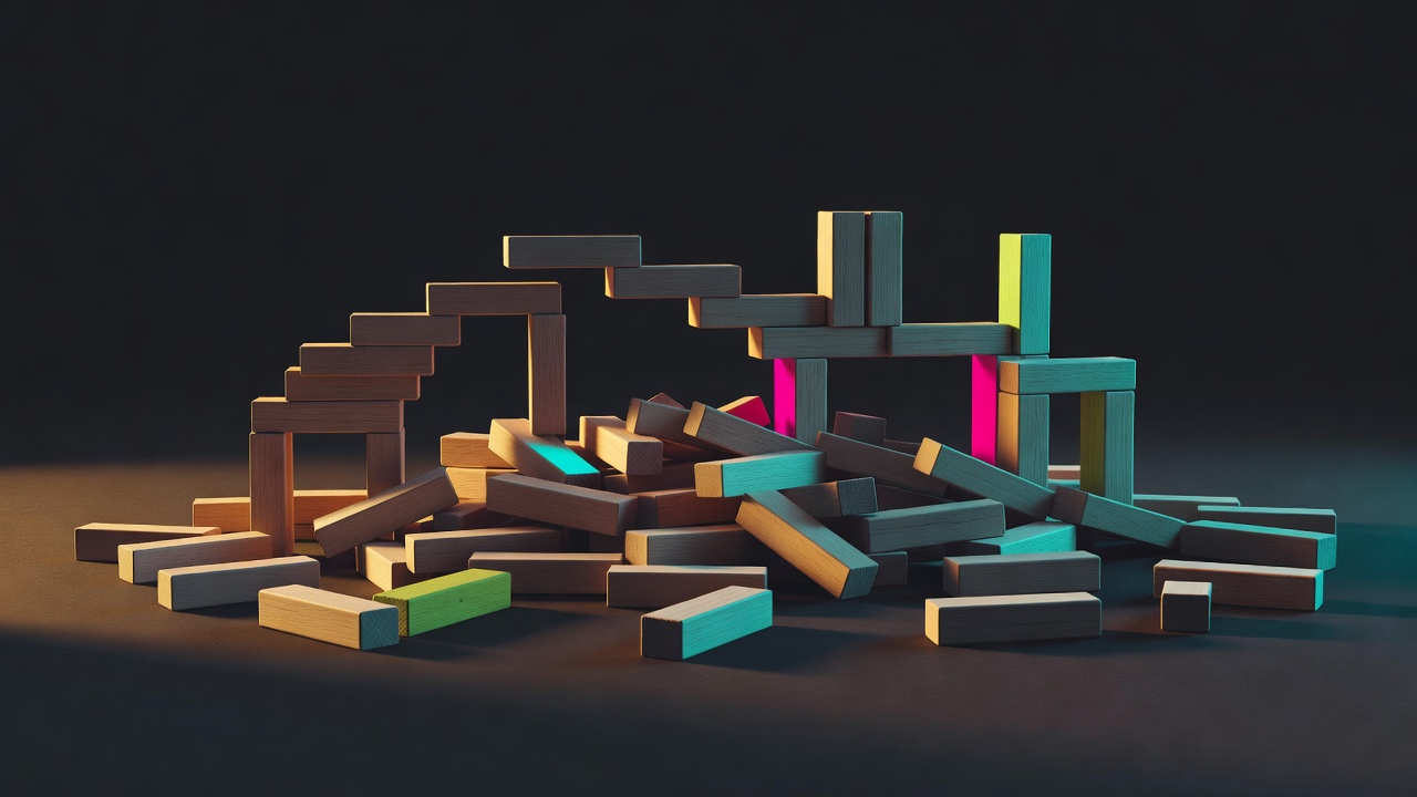 A pile of plain wooden blocks half-built into something that could become anything