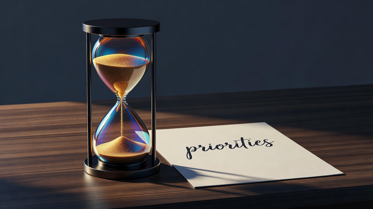 An hourglass on a desk beside a short handwritten list, most of the sand still up top