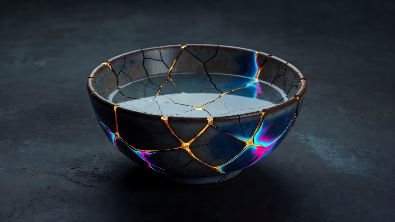 A cracked ceramic bowl mended with visible seams, still holding water