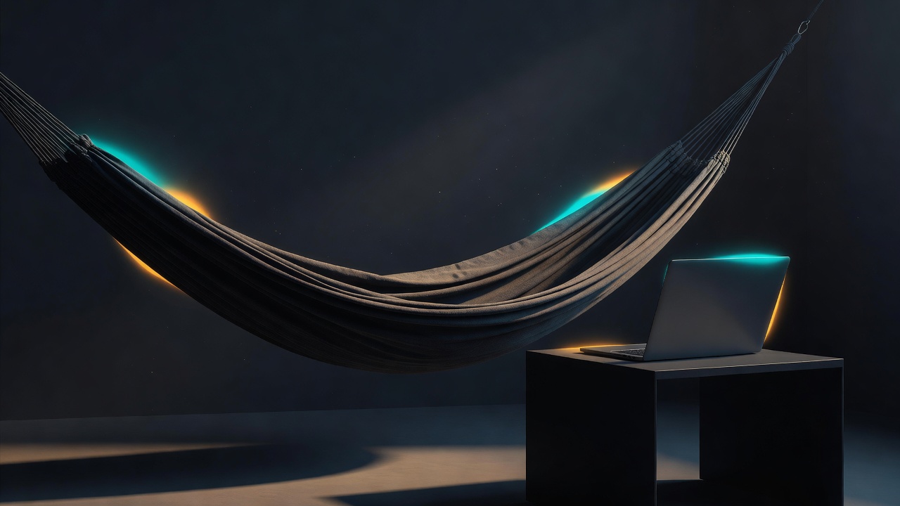 An empty hammock and a closed laptop in soft afternoon light