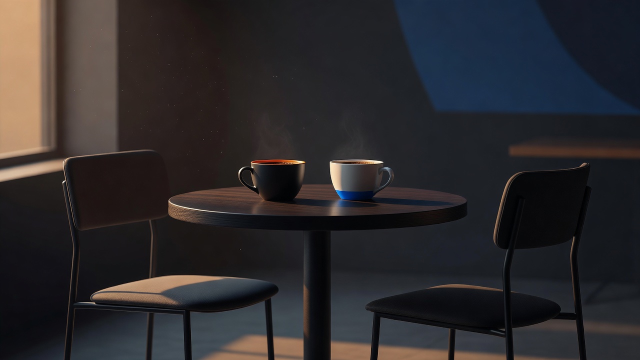 Two coffee cups on a small cafe table with two empty chairs facing each other in warm afternoon light