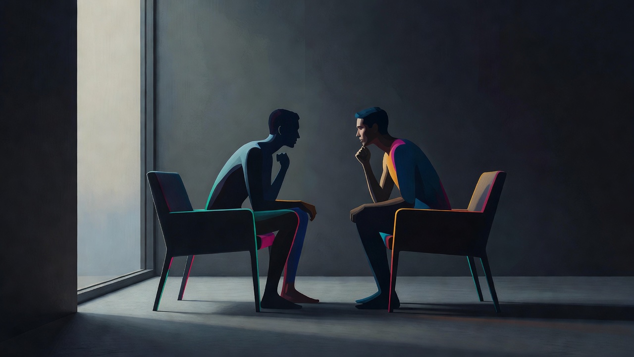 Two chairs turned toward each other by a window, one person leaning in to listen
