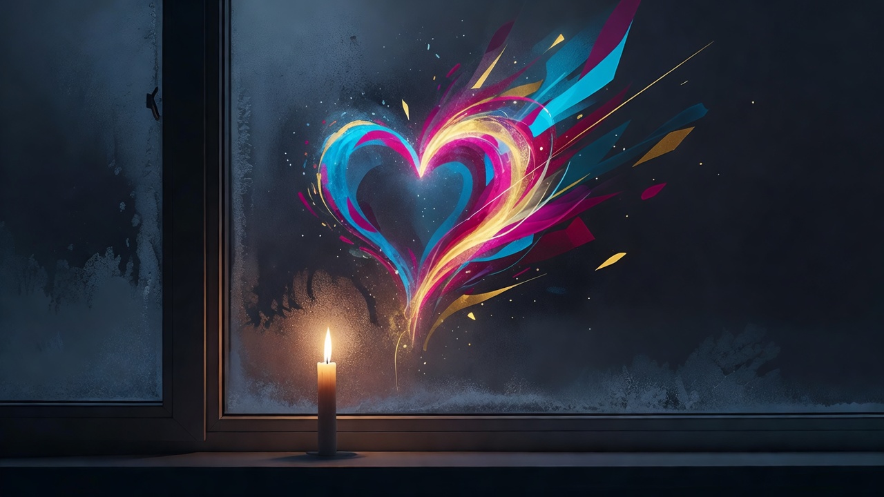 A single lit candle in a frosted window at night