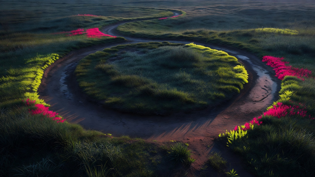 A worn circular path in grass looping back on itself in morning light