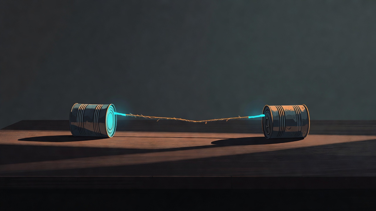 A single pair of tin cans connected by a taut string across a table in warm light