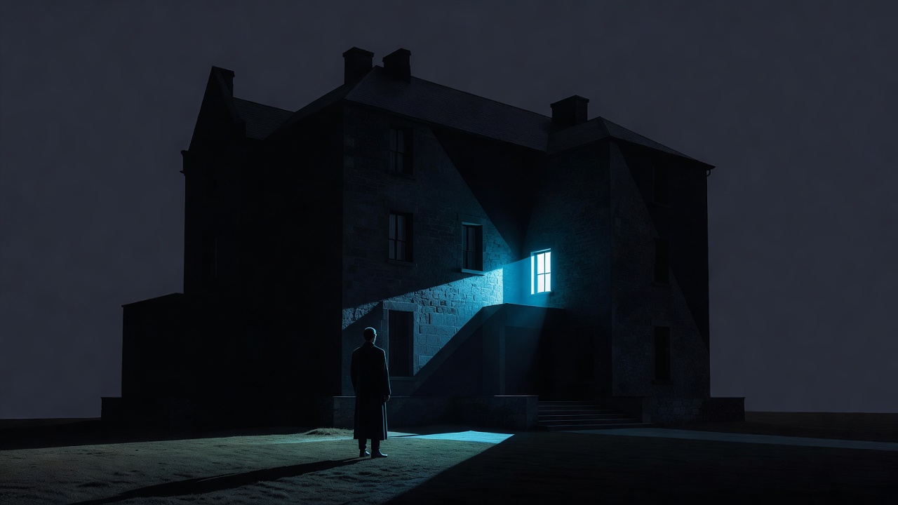 A small lit window in a large dark manor at night