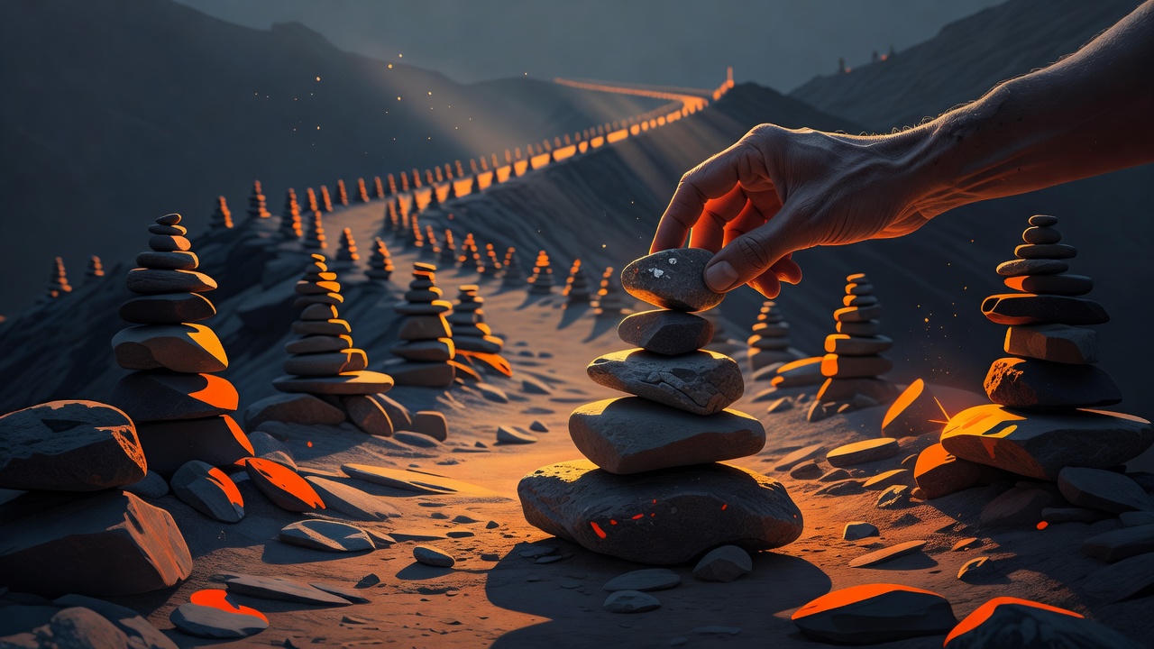 A hand setting a single stone atop a small daily cairn, many stacked behind it