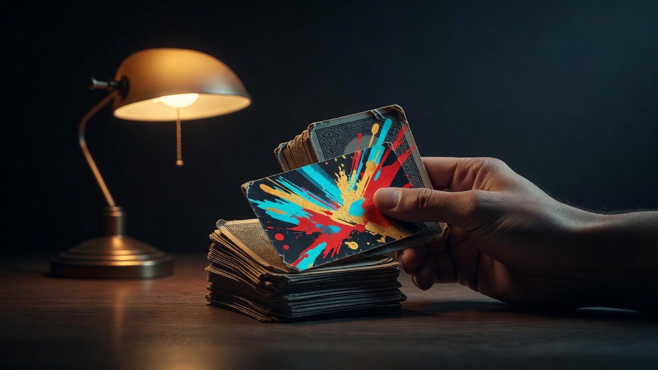 A worn deck of cards held in one steady hand, one card turned face up