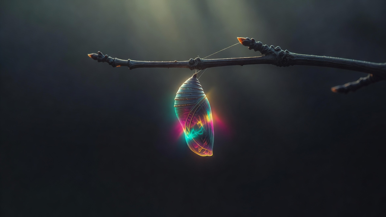 A chrysalis on a bare branch backlit by soft morning light, transformation implied