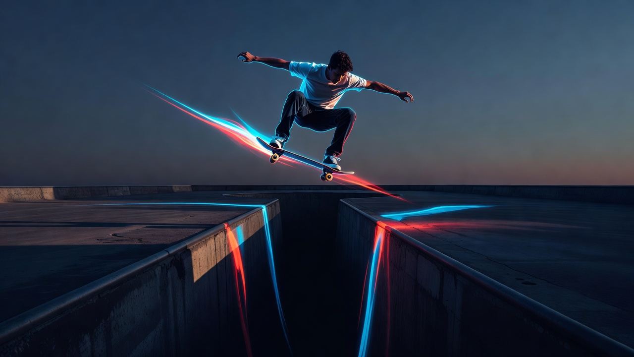 A skateboarder mid-air over a gap, committed to the trick with no certainty of landing
